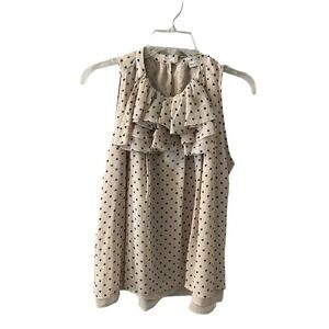 NY & Company Blouse Top Women SZ M Tan Polka Hearts Sleeveless Ruffle Round Neck